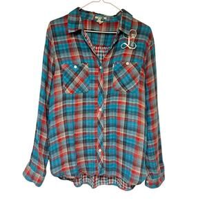 Levi's Women's Casual Button Down Shirt Large Plaid Gauzy Western Cowgirl Barn